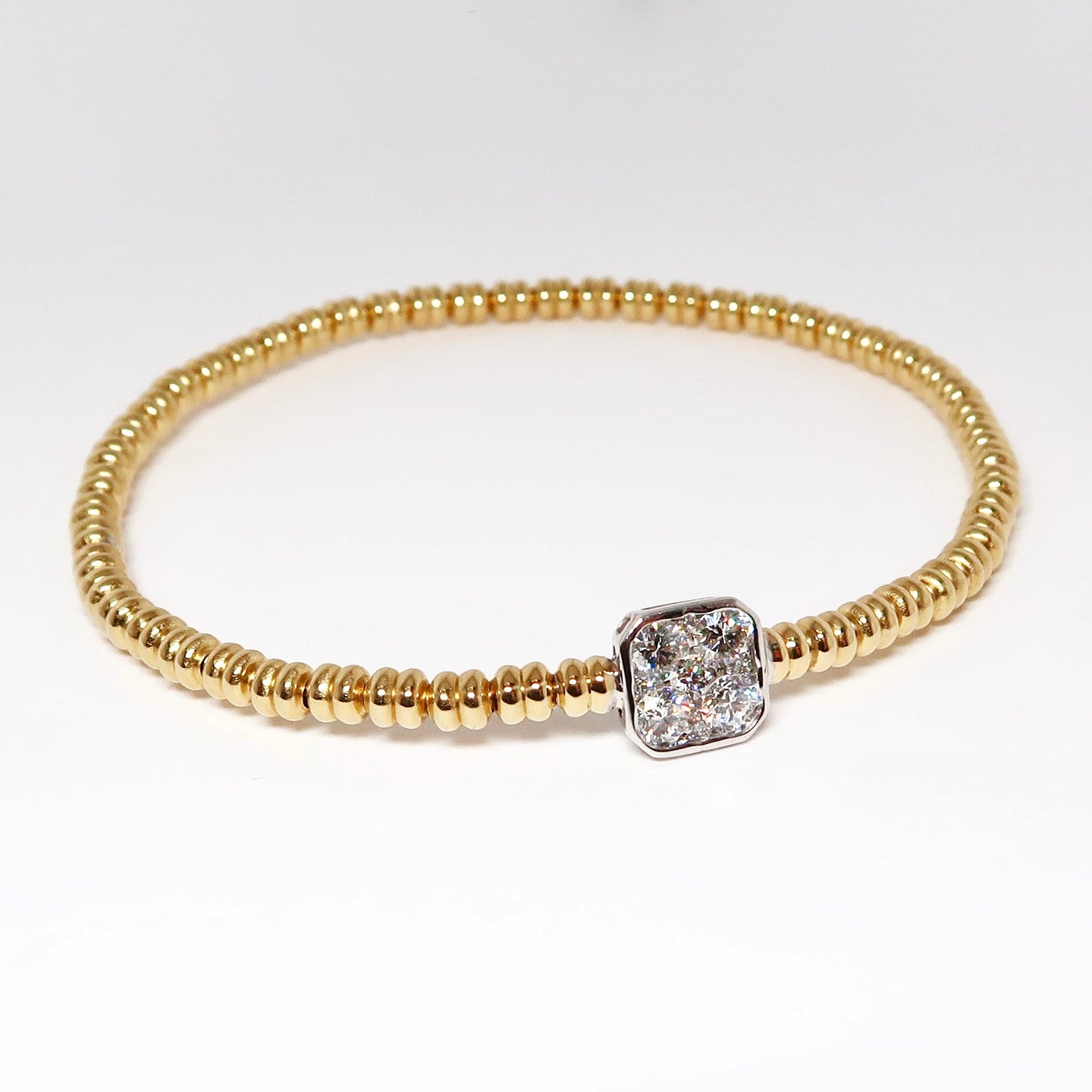 18k Yellow Gold Bangle with 18k White Gold Square Shaped Station with Diamonds