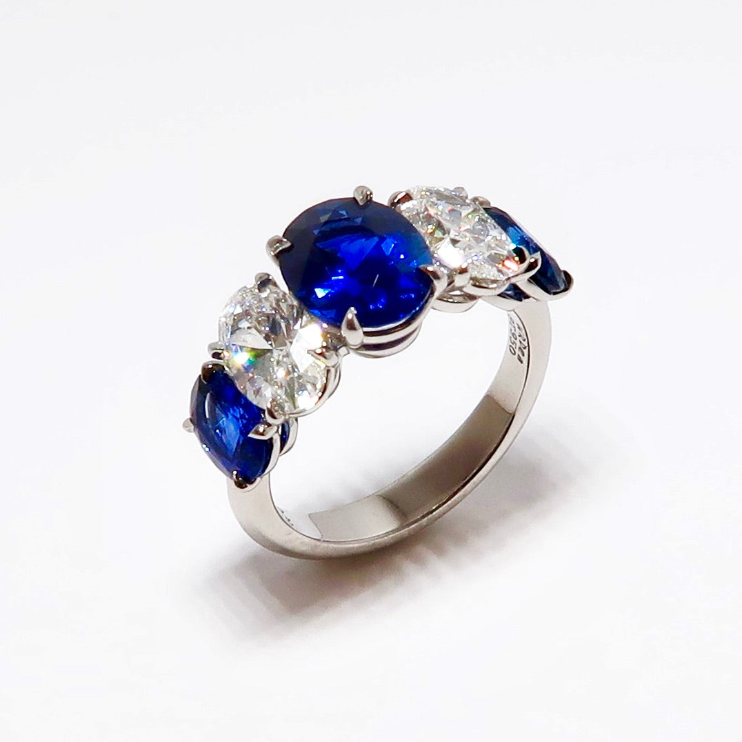 5 Stone Ring, 3 Oval Blue Sapphires