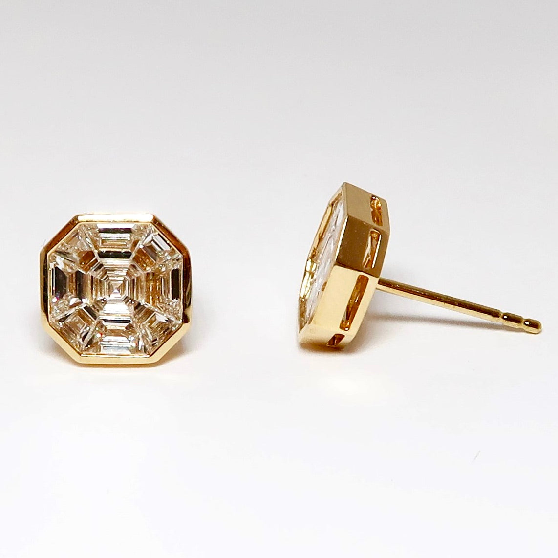 18k Yellow Gold Diamond Earrings, Cut Corner Square Mosaic of Diamonds