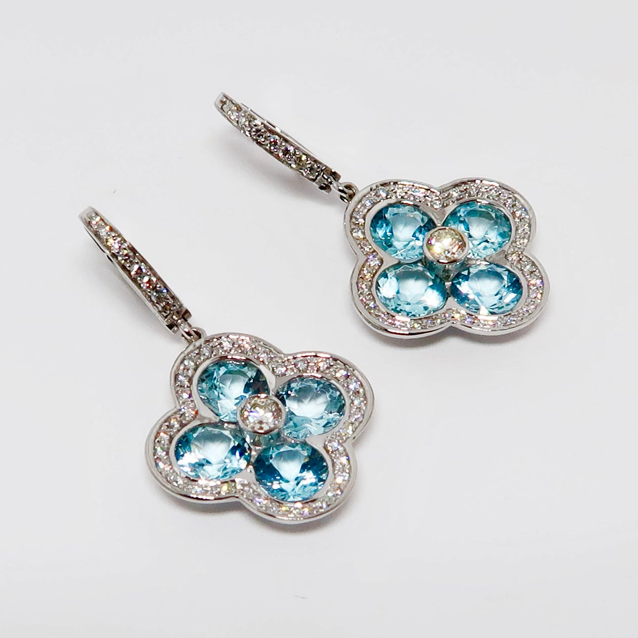 18k White Gold Aqua & Diamond 50 Point Fleur Dangle Earrings