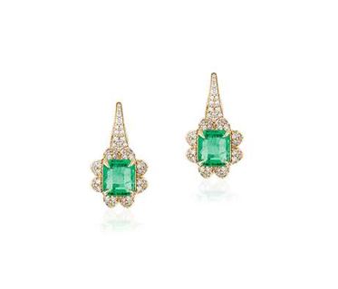 Emerald Stud Earrings With Small Lever Back And Diamonds