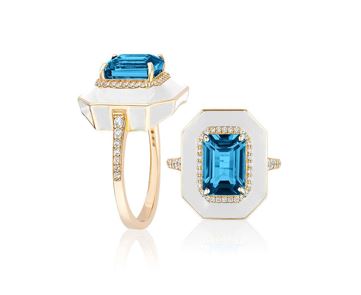 London Blue Topaz Emerald Cut Ring with Diamonds and White Enamel