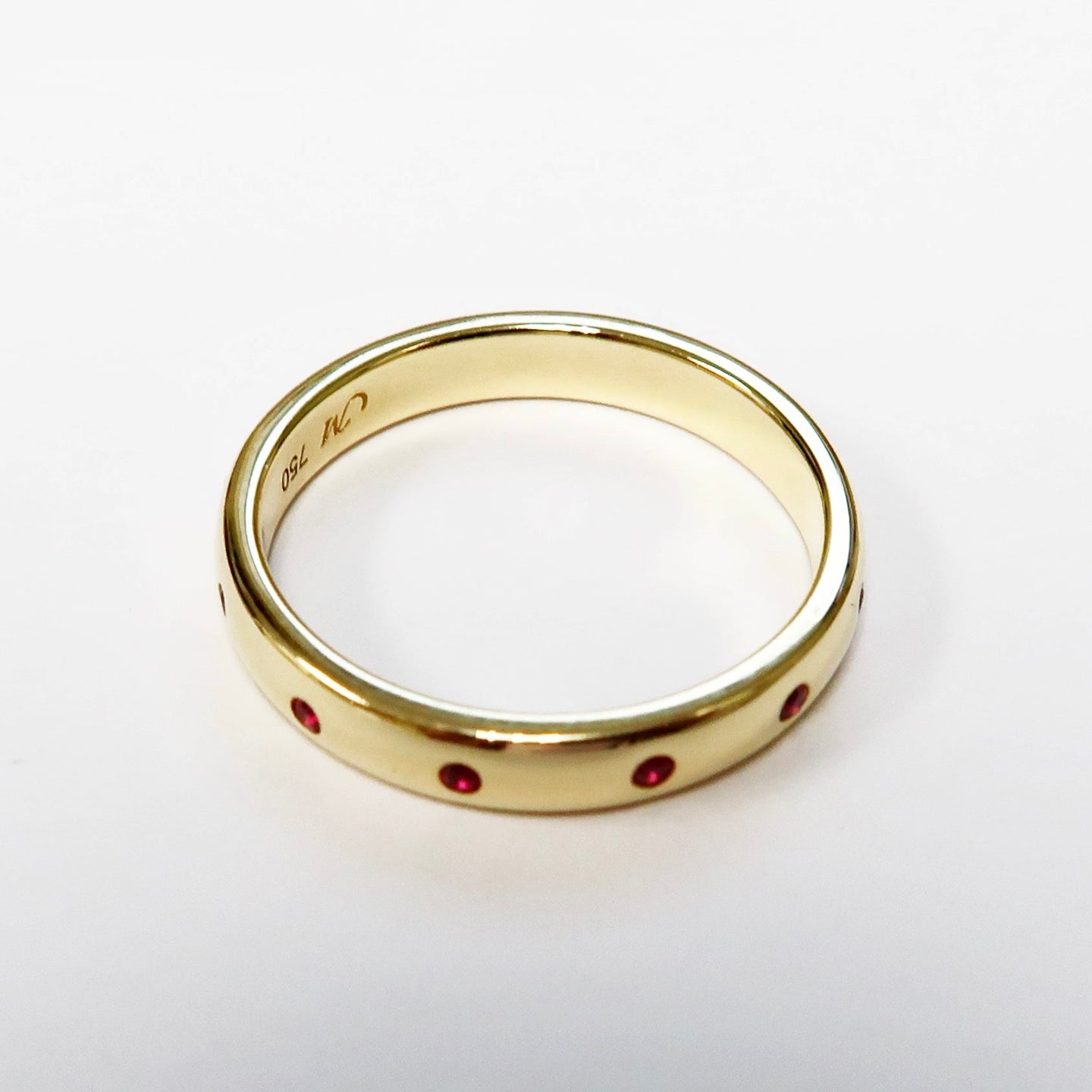 18k Yellow Gold Poesy Ring, Set with 12 Burnished Rubies