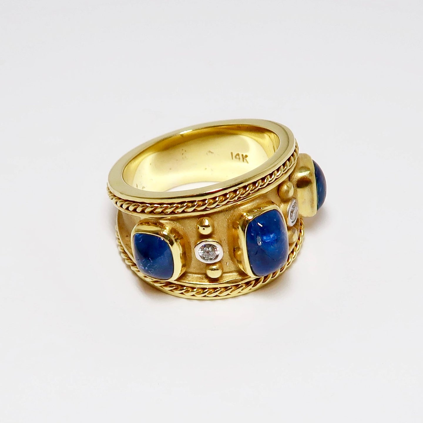Wide, Yellow Gold Ring with Blue Sapphires & Diamonds
