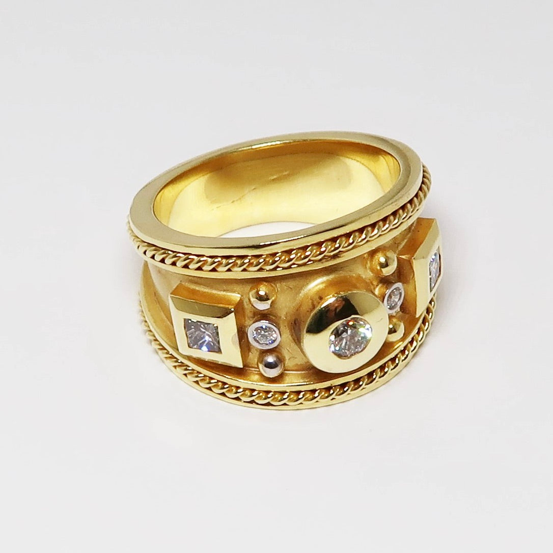 Wide, Yellow Gold Ring with Diamonds