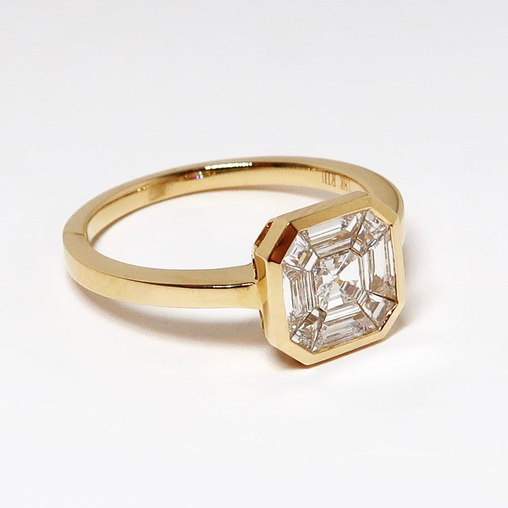 18k Yellow Gold Diamond Ring, Cut Corner Square Mosaic of Diamonds