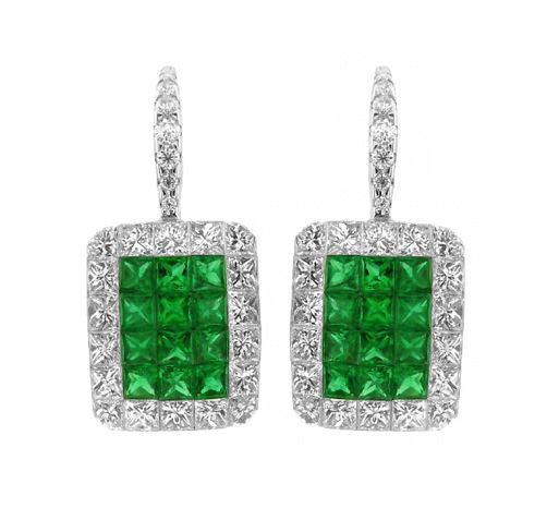 18kt White Gold Invisibly Set Princess Cut Emeralds and Diamond Hanging Earrings