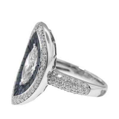 18k White Gold Sapphire, Round and Marquise Diamond Ring