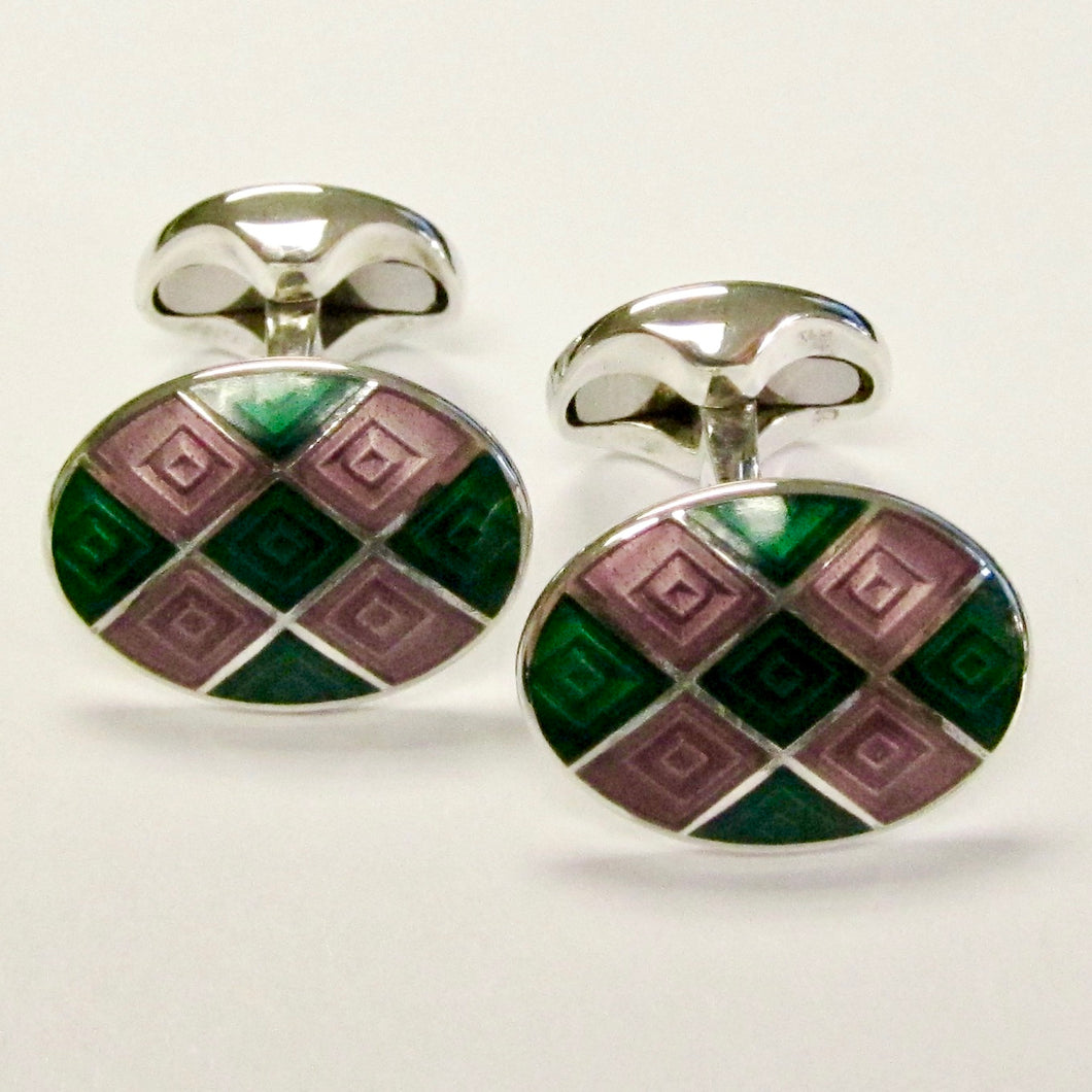 Green & Pink Sterling Silver Enamel Cufflinks