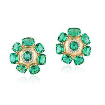 Cushion Emerald Flower Earring with Large Pave Diamonds