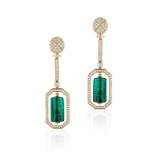 Emerald Drum Shape Tumbled Long Earrings With Diamonds