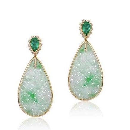 Pears Shape Emeralds + Carved Jade w/ Diamond Earrings