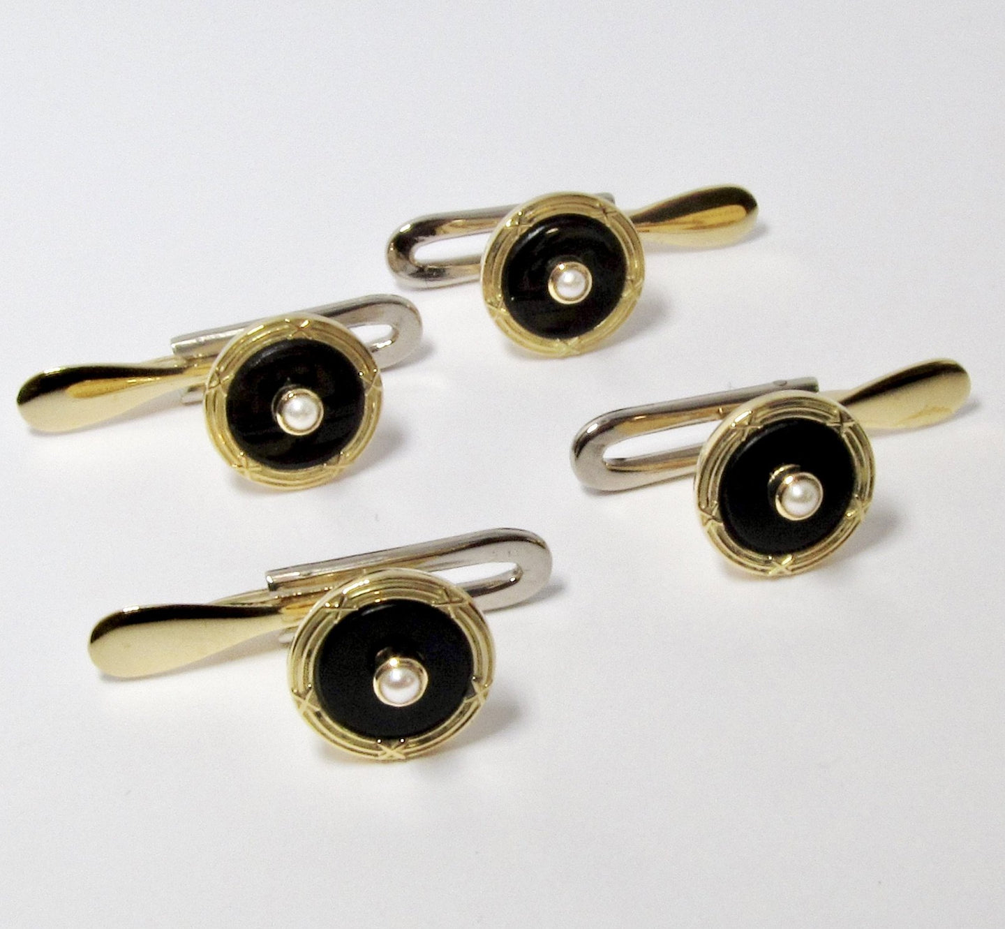 18k Yellow Gold Shirt Studs, Onyx with Cultured Pearl