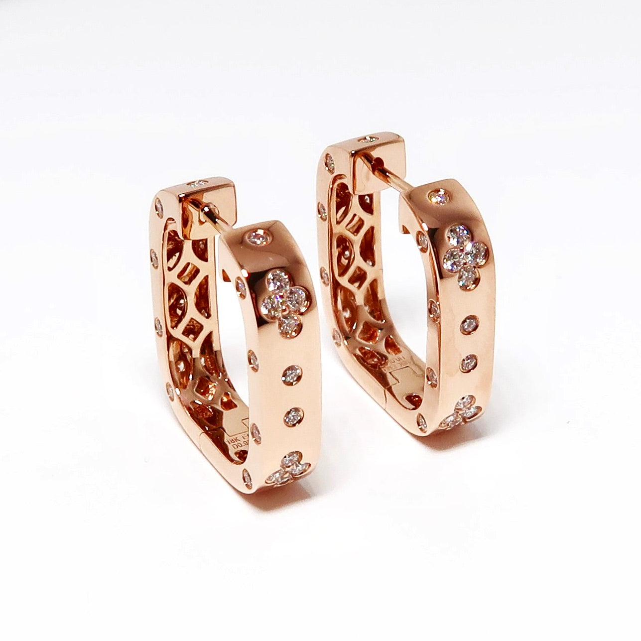 18k Rose Gold Square Design Narrow Earrings with Diamonds