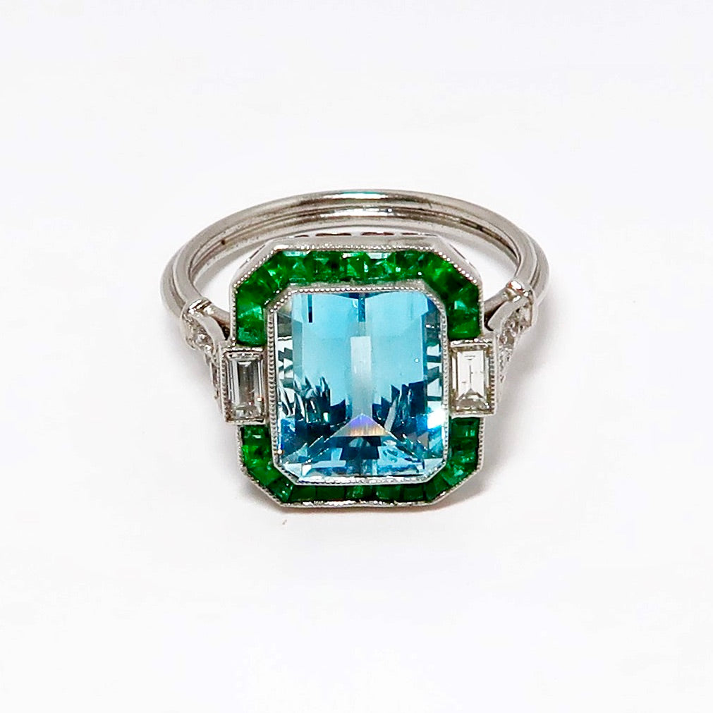 Aquamarine, Emerald & Diamond Ring
