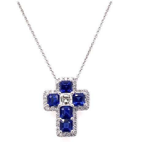 18k White Gold Sapphire and Diamond Cross Pendant with Chain