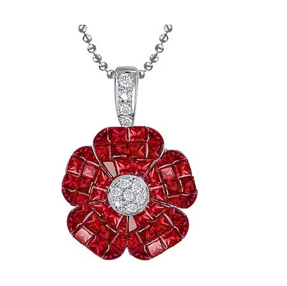 18k White Gold Invisible Set Ruby and Diamond Flower Pendant