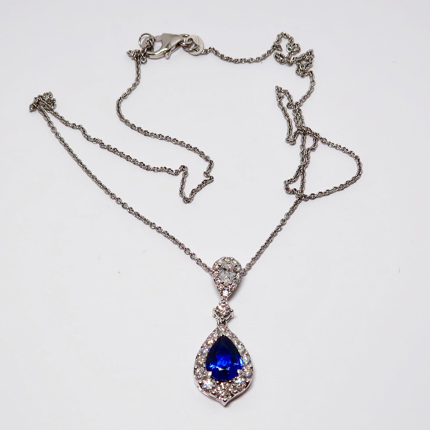 18k White Gold Sapphire and Diamond Pendant with Chain, Pear Shape Sapphire