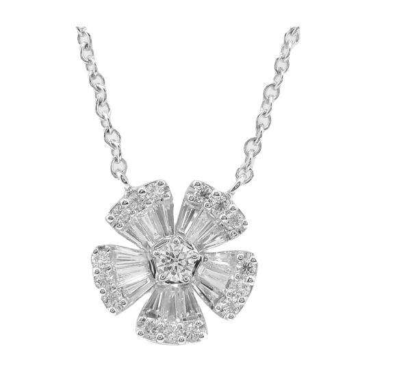 18k White Gold Round and Baguette Diamond Flower Pendant