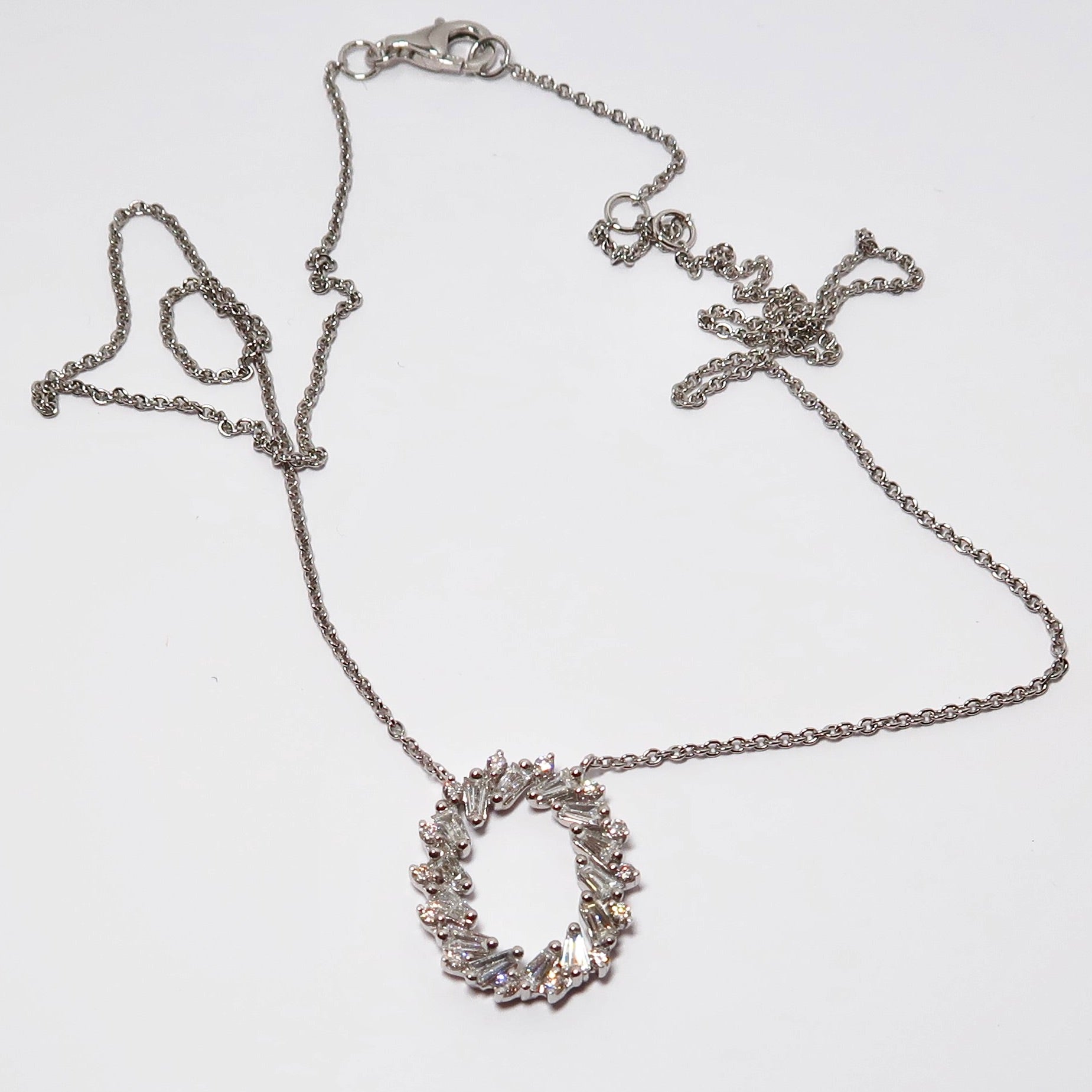 14k White Gold Round and Baguette Open Oval Pendant