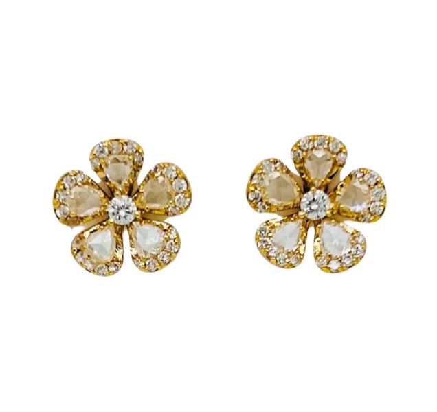18k Yellow Gold Diamond Flower Earrings