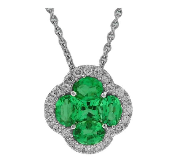 18k White Gold Emerald and Diamond Pendant with Chain