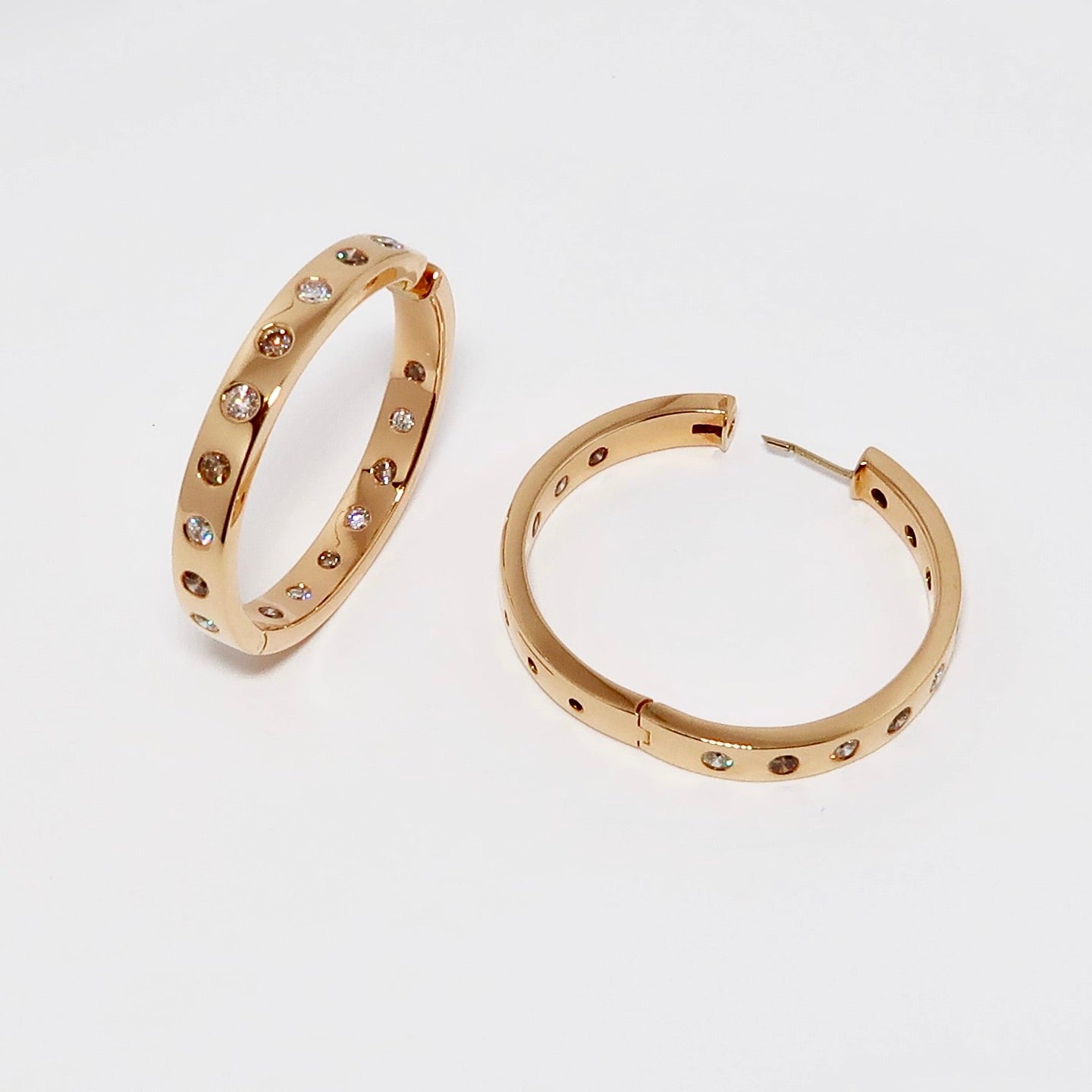 Rose Gold Flat, Wide Hoop Earrings with Flush Set Round Diamonds
