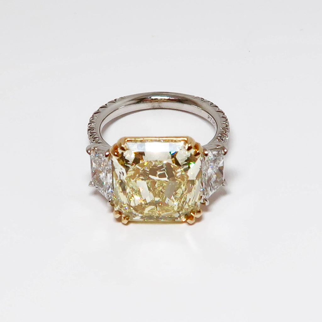 Three Stone Yellow Diamond Ring, 1 Radiant Cut Yellow Diamond