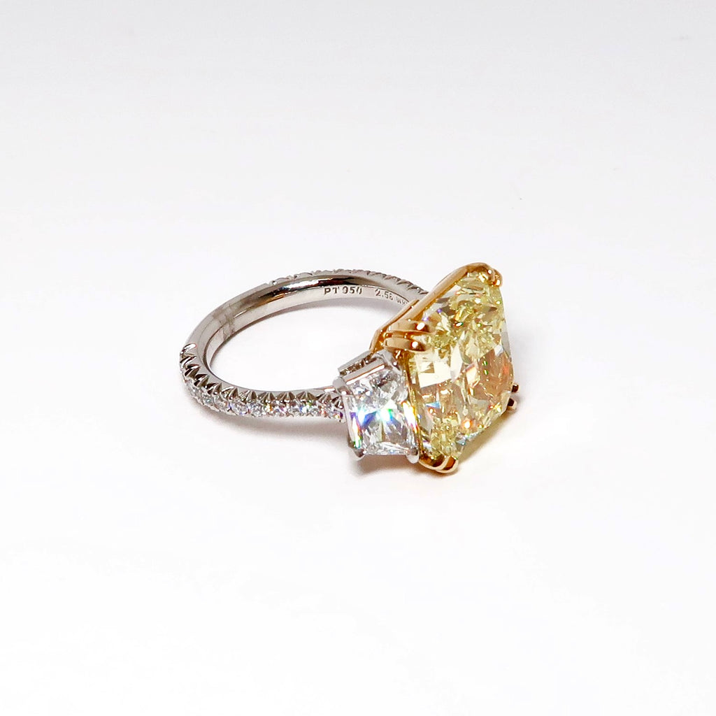 Three Stone Yellow Diamond Ring, 1 Radiant Cut Yellow Diamond