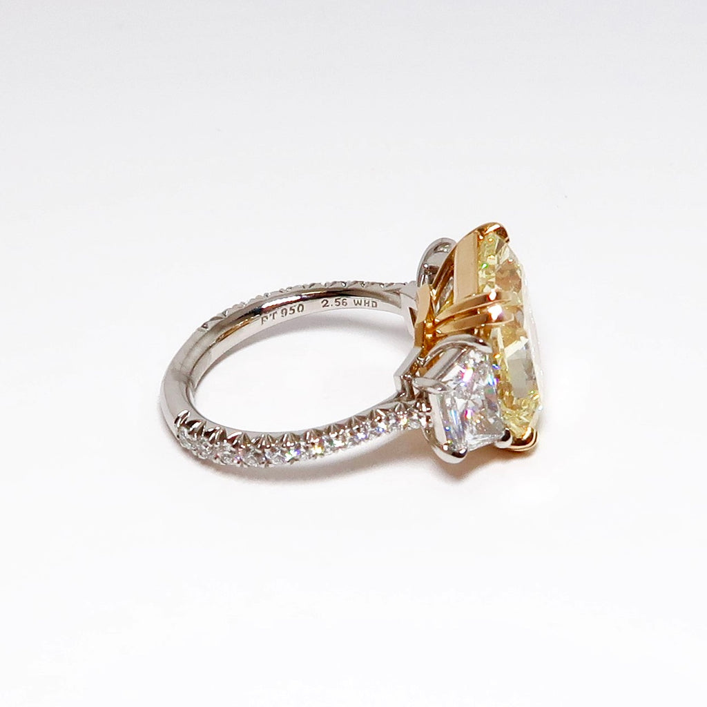Three Stone Yellow Diamond Ring, 1 Radiant Cut Yellow Diamond