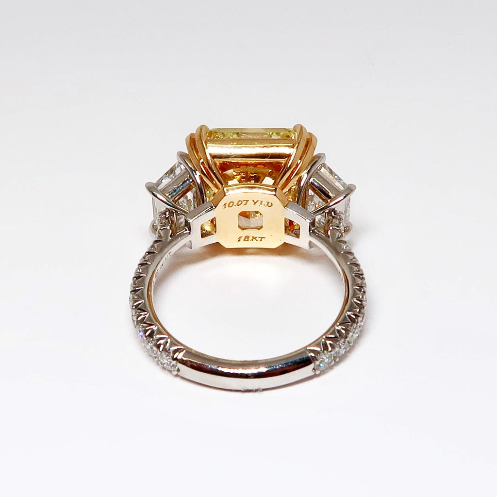 Three Stone Yellow Diamond Ring, 1 Radiant Cut Yellow Diamond