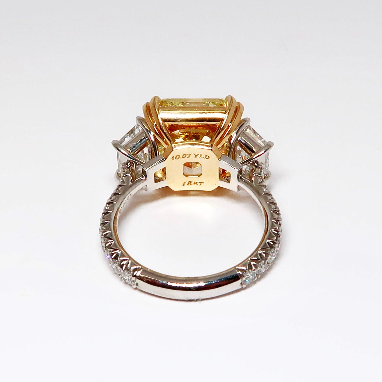 Three Stone Yellow Diamond Ring, 1 Radiant Cut Yellow Diamond