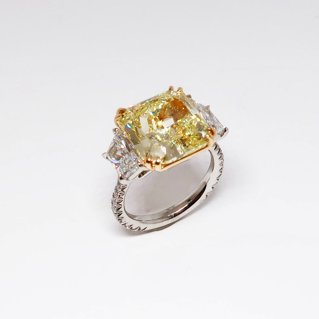 Three Stone Yellow Diamond Ring, 1 Radiant Cut Yellow Diamond