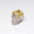 Three Stone Yellow Diamond Ring, 1 Radiant Cut Yellow Diamond