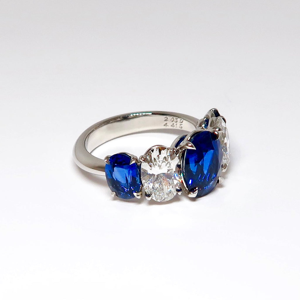 5 Stone Ring, 3 Oval Blue Sapphires
