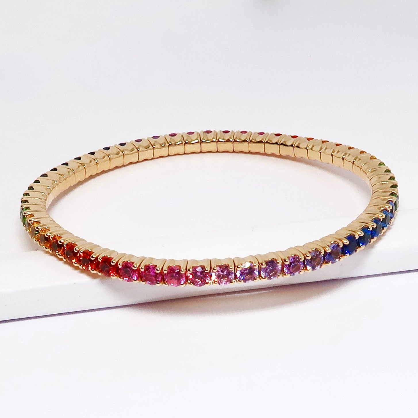 18k Yellow Gold Bracelet w/ Multi-Color, Round Sapphires & Tsavorites