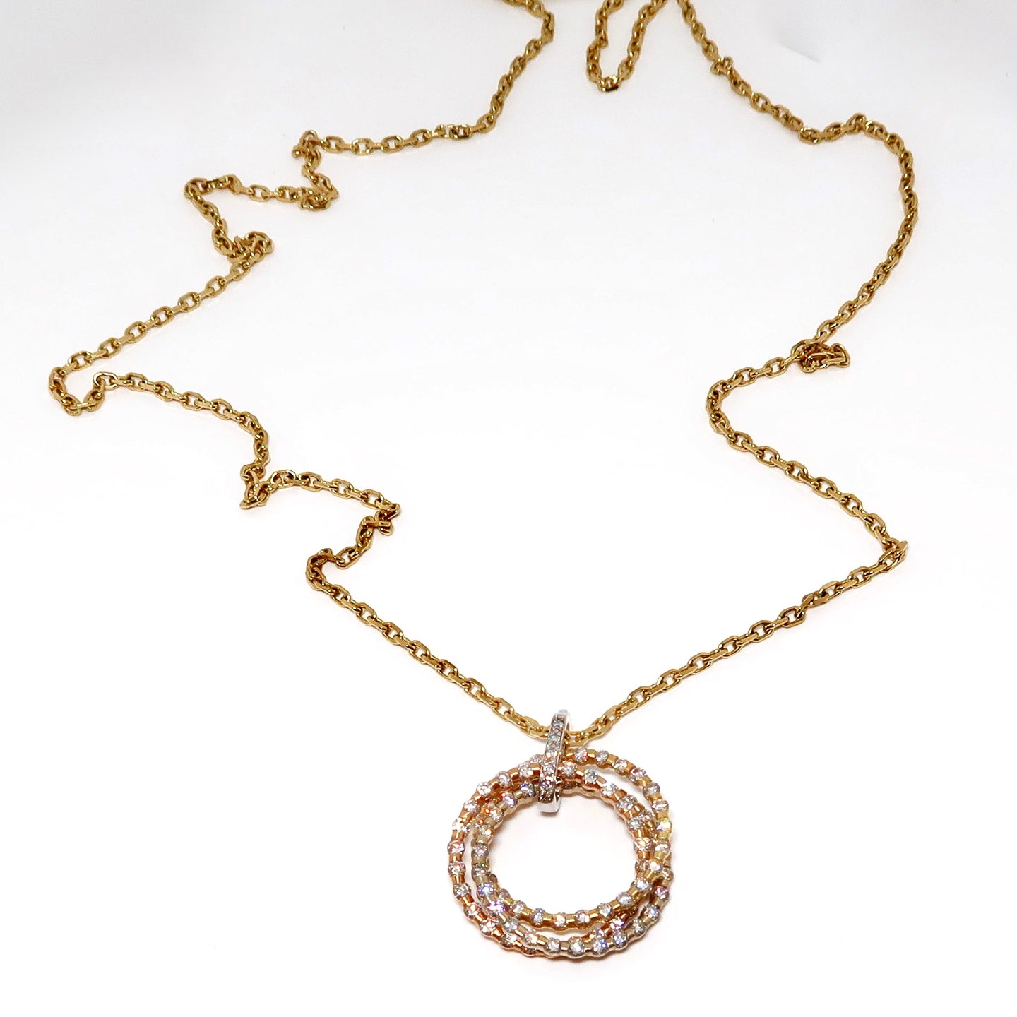 18k Yellow, White, and Pink Gold Diamond 3 Ring Pendant Necklace