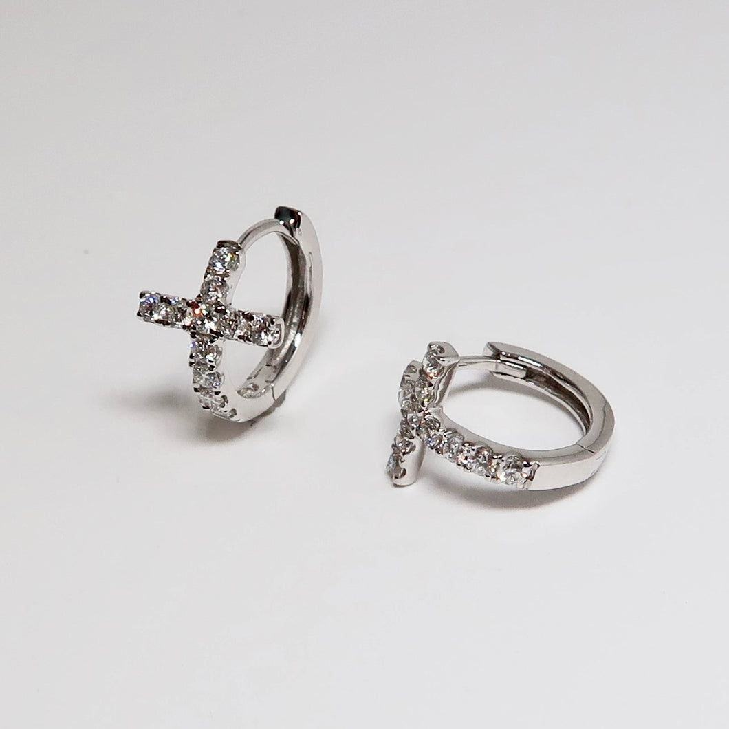 14k White Gold Cross Huggie Diamond Earrings