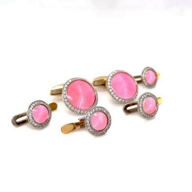 18k Yellow Gold & Platinum, Pink Enamel & Diamond Dress Set, Cufflinks and Shirt Studs