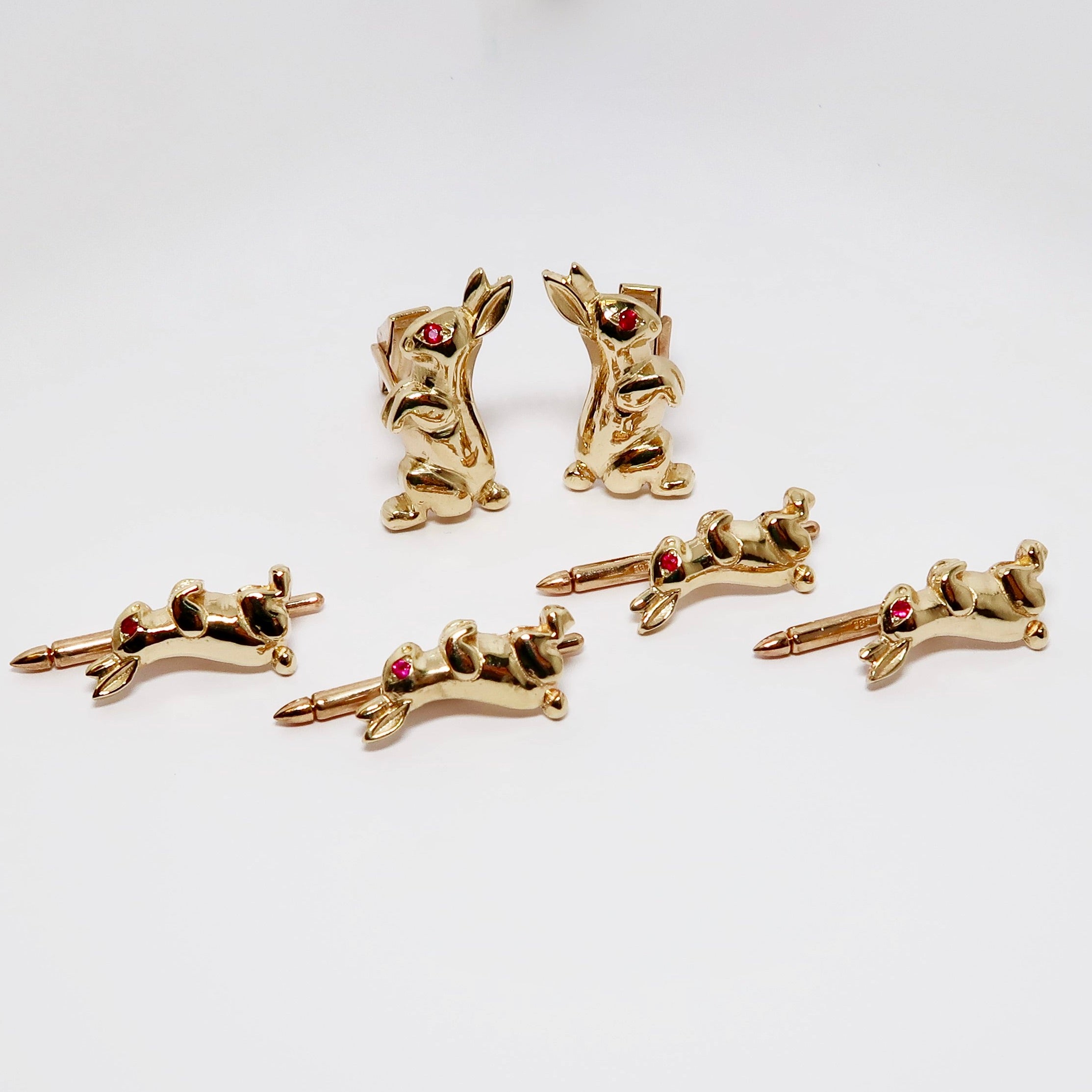 14k Yellow Gold Rabbit Cufflinks with Ruby Eyes