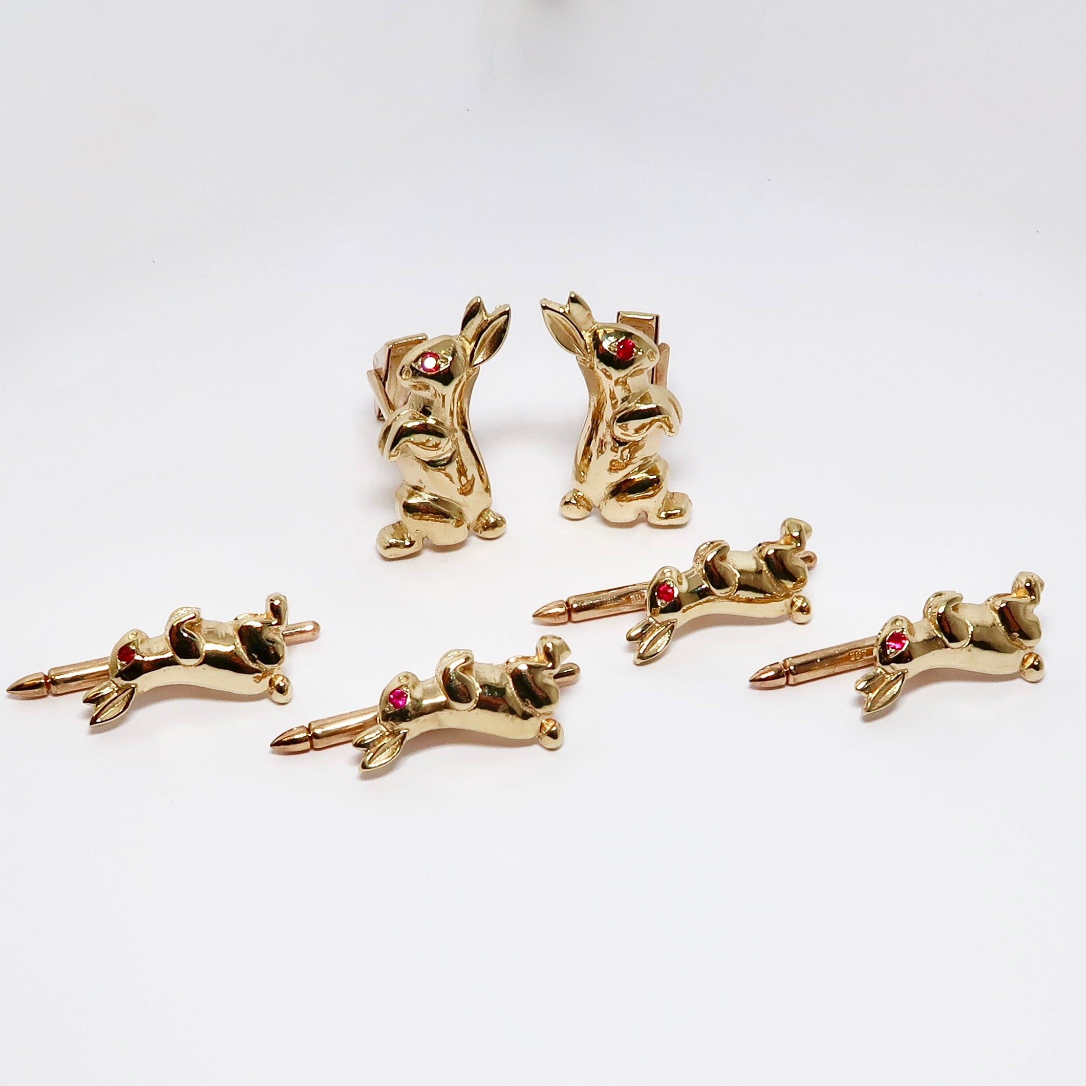 14k Yellow Gold Rabbit Shirt Studs with Ruby Eyes