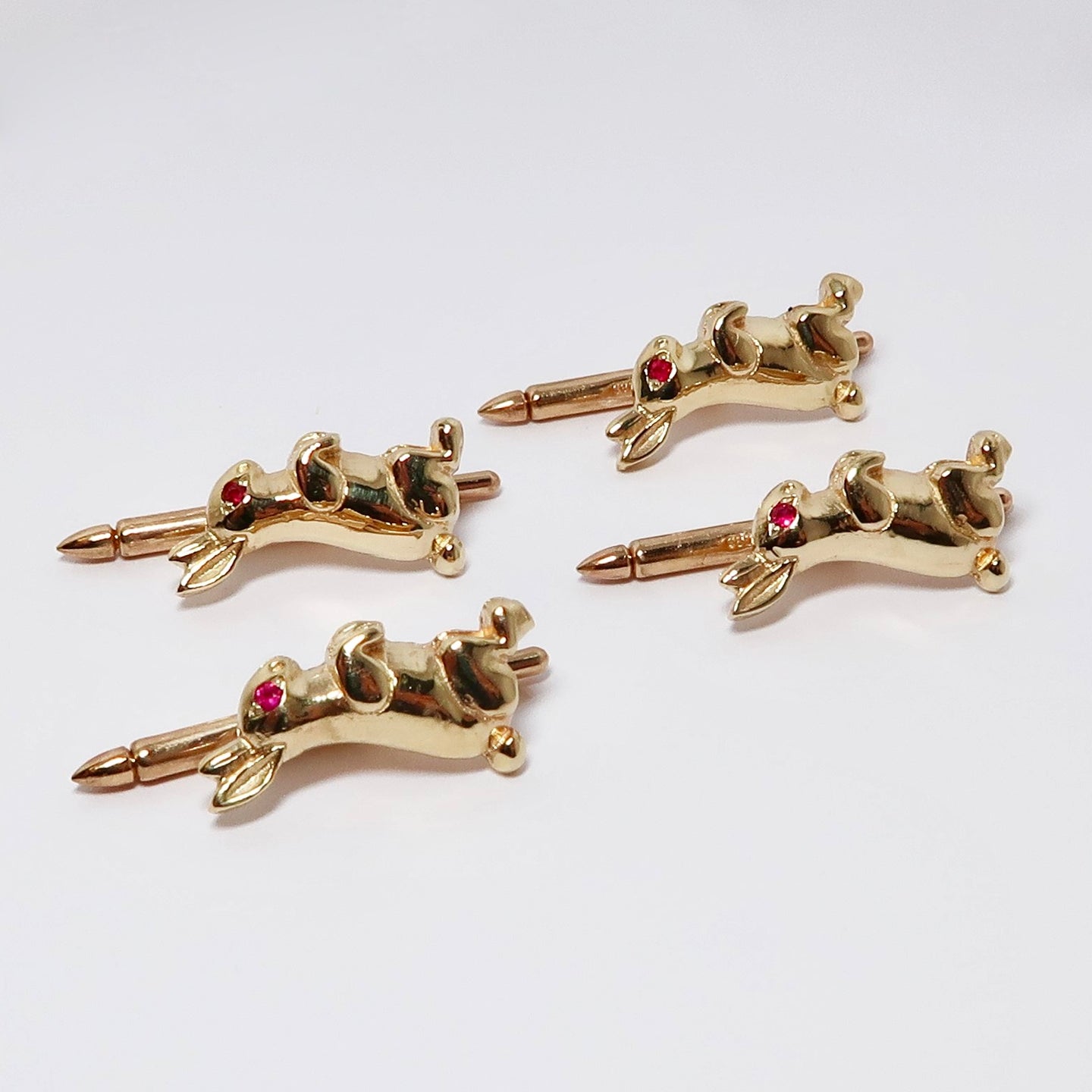 14k Yellow Gold Rabbit Shirt Studs with Ruby Eyes