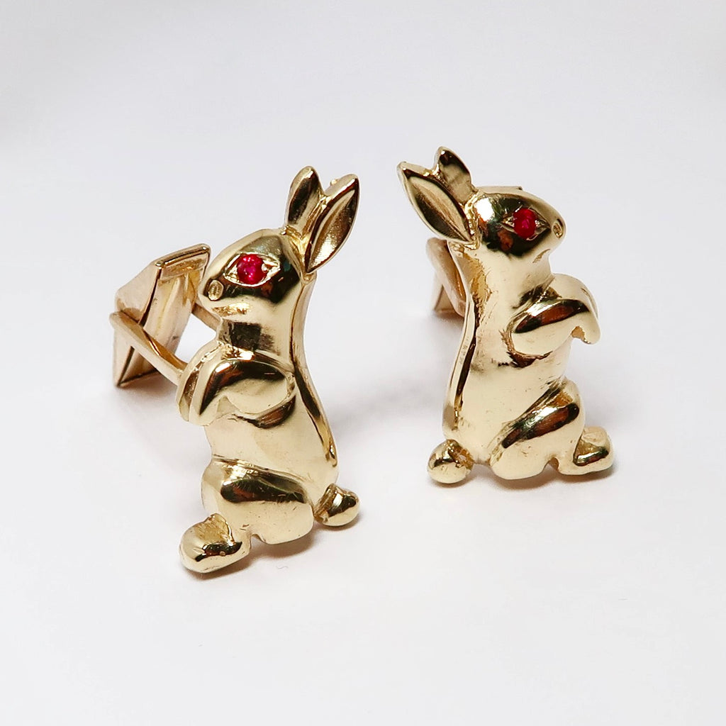14k Yellow Gold Rabbit Cufflinks with Ruby Eyes
