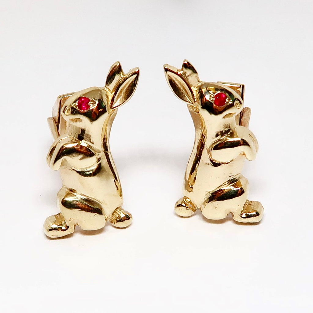 14k Yellow Gold Rabbit Cufflinks with Ruby Eyes