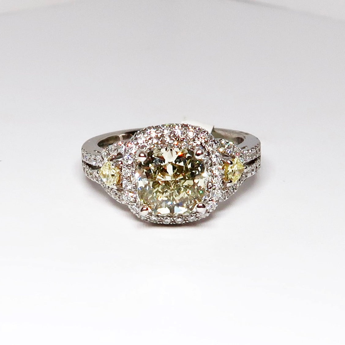 18k White Gold Diamond Ring, Cushion Cut, Fancy Yellow Diamond