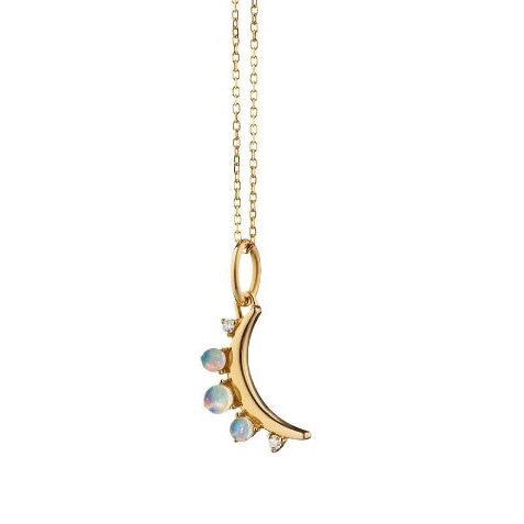 18K Yellow Gold Mini Moon Pendant with Water Opals and White Diamond Accents