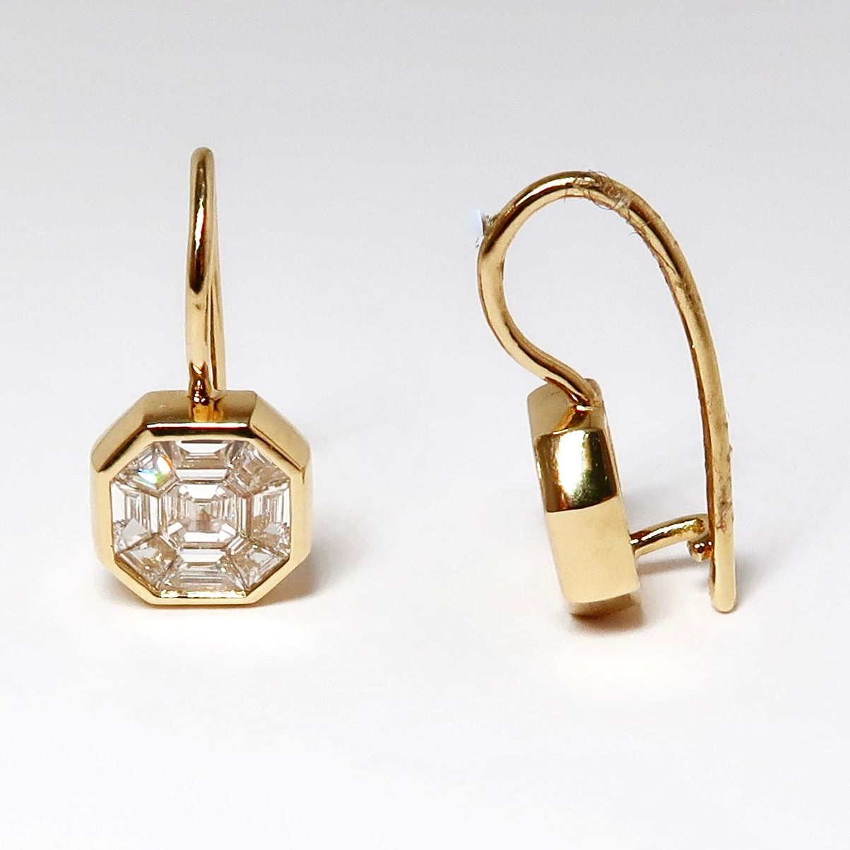 18k Yellow Gold Diamond Earrings With Cut Corner Square Mosaic of Diamonds