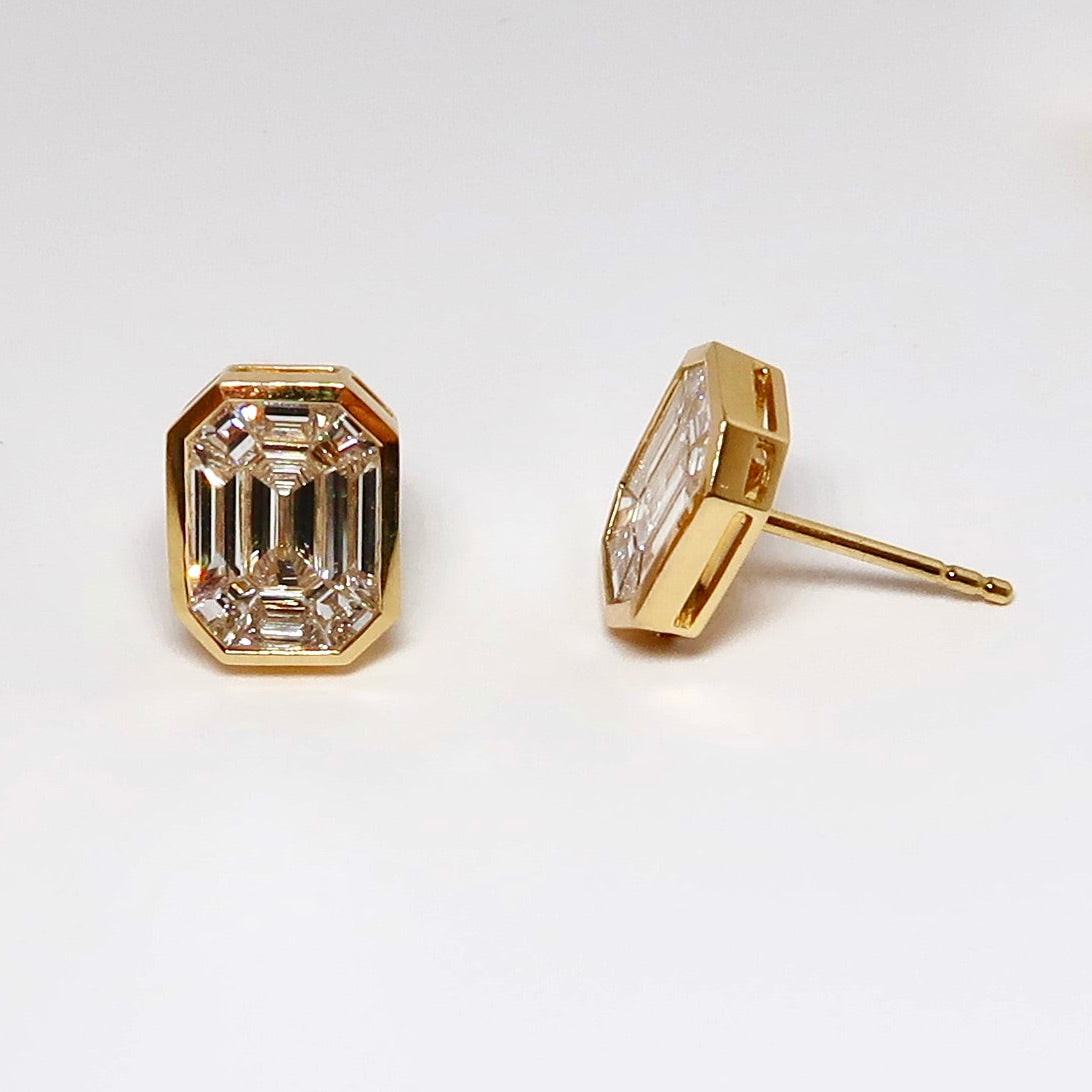 18k Yellow Gold Diamond Earrings, Cut Corner Rectangle Mosaic of Diamonds