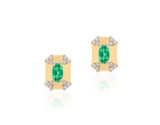 Rectangular Shape Emerald And Diamond Stud in 18k Yellow Gold