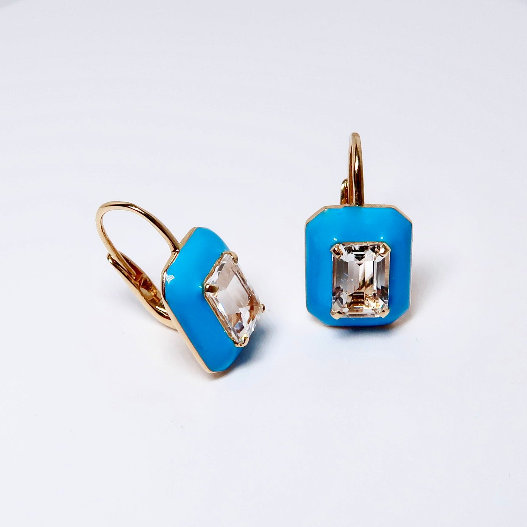 Rock Crystal Emerald Cut Earrings With Turquoise Enamel